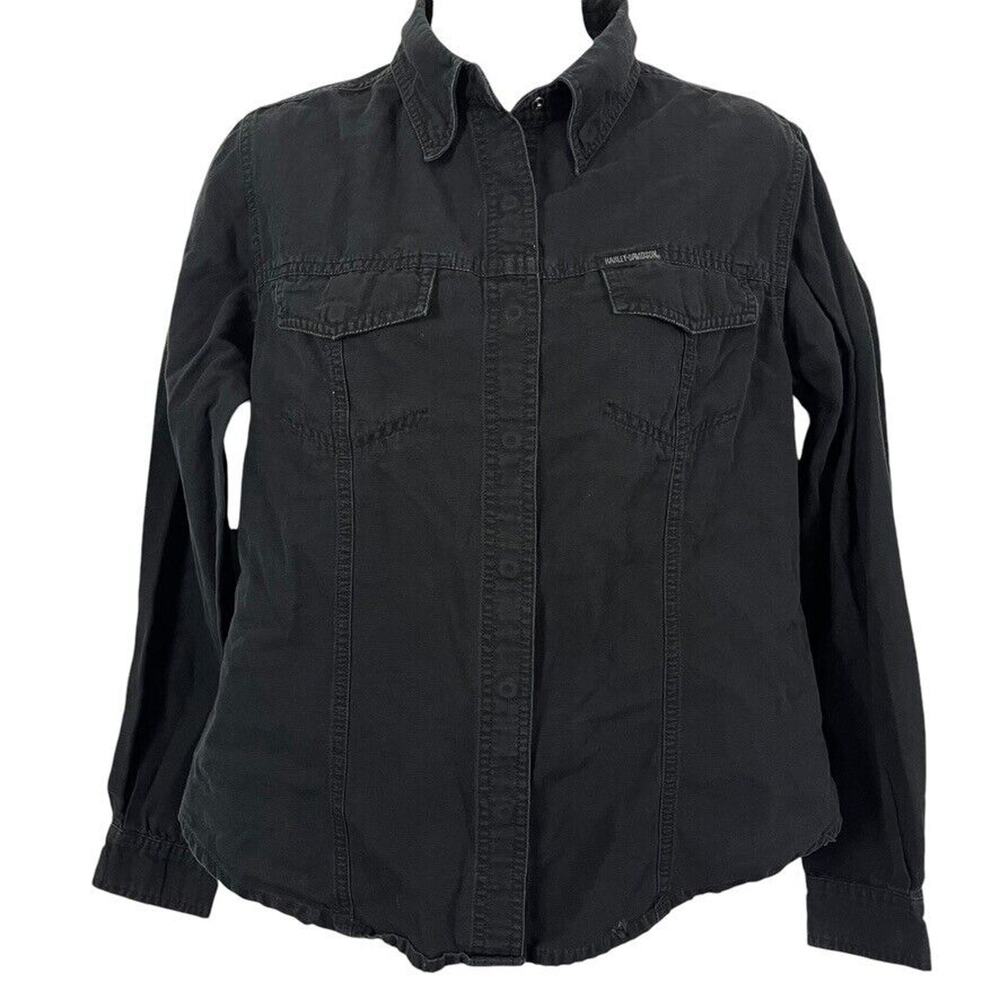 Harley Davidson Womens Black Snap Up Embroidered Logo Biker Shirt Top Cotton S
